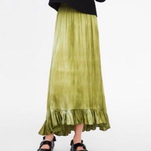 ZARA Tie Dye Green Ruffle Trim Hi-Lo Maxi Skirt S